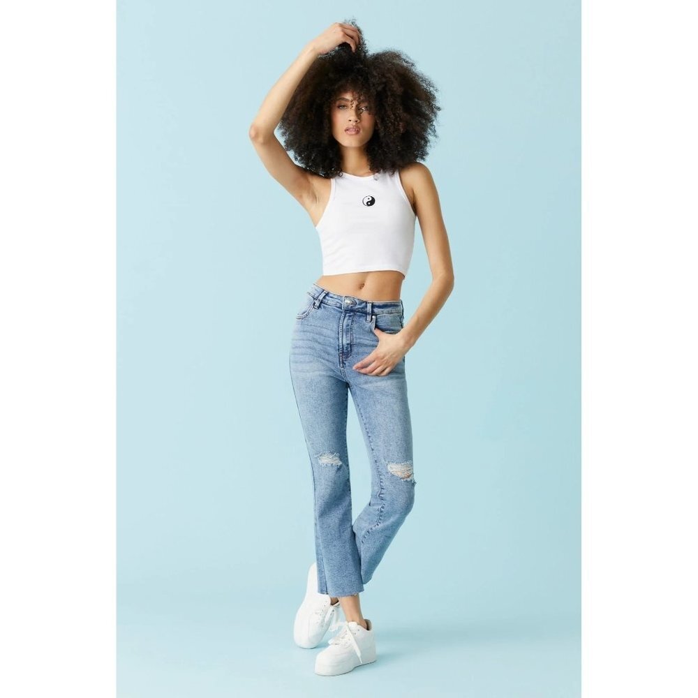 NWT REFUGE KICK FLARE High Waisted Medium Wash Raw Hem Cropped Flare Jeans Size